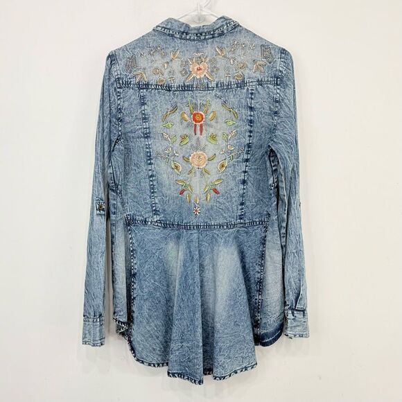 Lola P. Tops - Lola P Embroidered Floral Sparkle Blue Factory Faded Cotton Peplum Tunic Blouse
